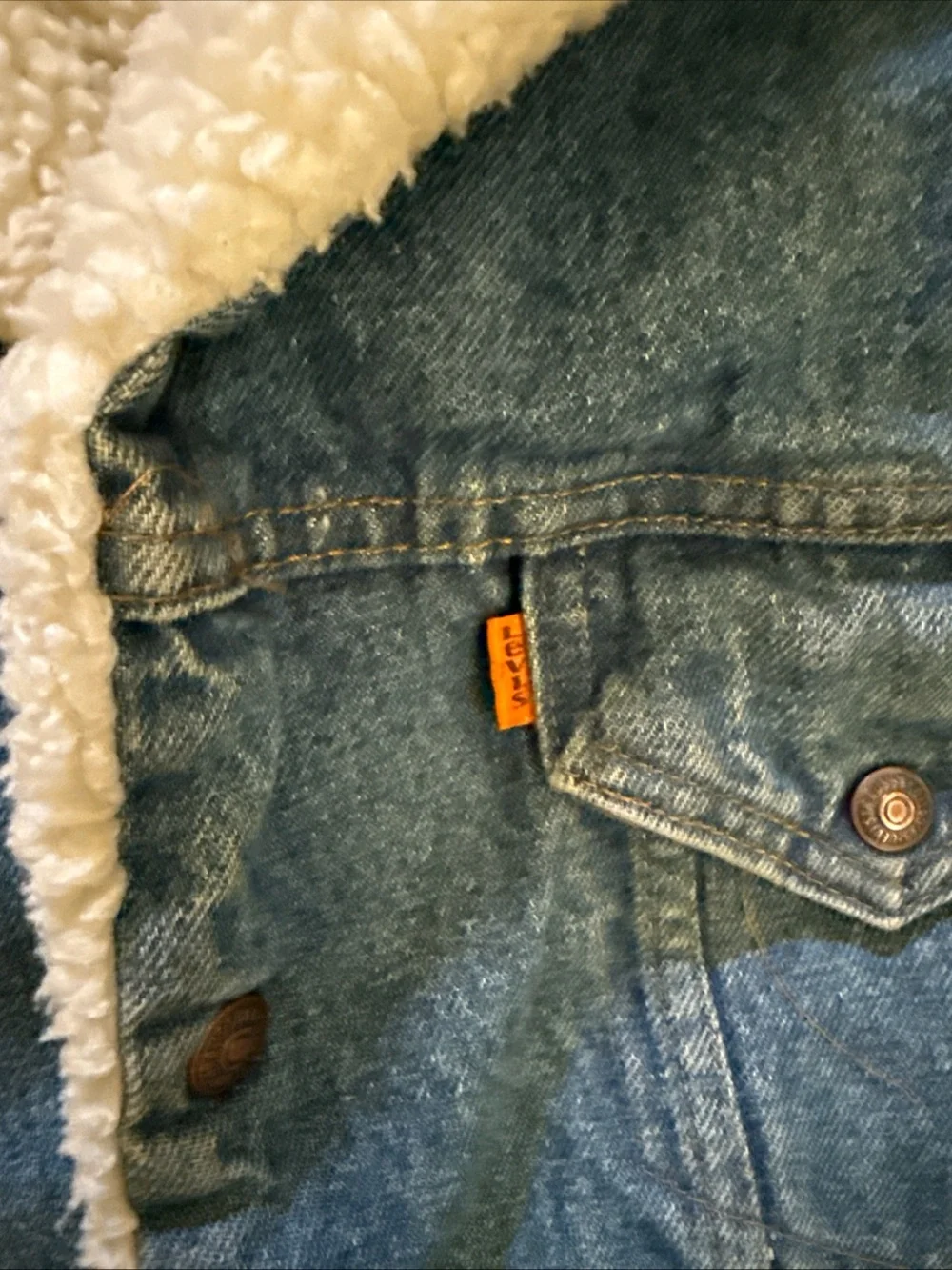 1970’s Levi's Sherpa Lined Denim Trucker Jacket Orange Tab Size 46 USA Made - Picture 3 of 11